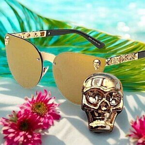 Gold Mirrored Cateye Sunglasses With Skull & Floral Alloy Details UV400 Gothic